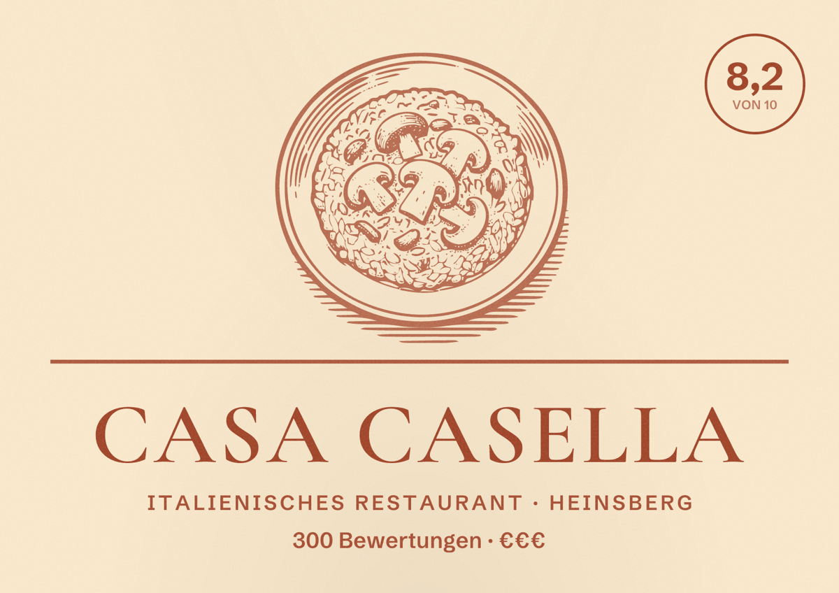 Illustriertes Poster von Casa Casella, Italienisches Restaurant in Heinsberg: Bewertung 8,2 von 10 aus 300 Bewertungen, Preisniveau €€€