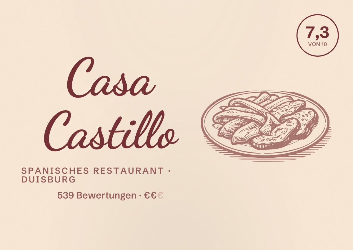 Illustriertes Poster von Casa Castillo, Spanisches Restaurant in Duisburg: Bewertung 7,3 von 10 aus 539 Bewertungen, Preisniveau €€