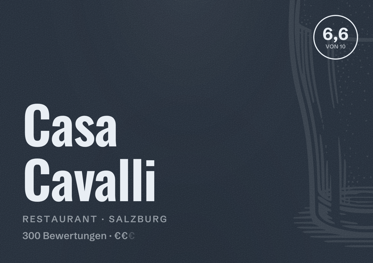 Illustriertes Poster von Casa Cavalli, Restaurant in Salzburg: Bewertung 6,6 von 10 aus 300 Bewertungen, Preisniveau €€