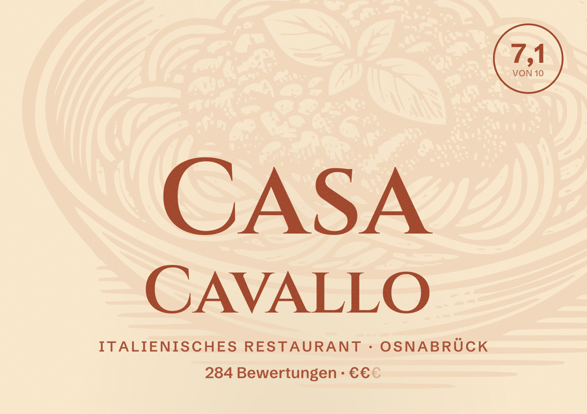 Illustriertes Poster von Casa Cavallo, Italienisches Restaurant in Osnabrück: Bewertung 7,1 von 10 aus 284 Bewertungen, Preisniveau €€