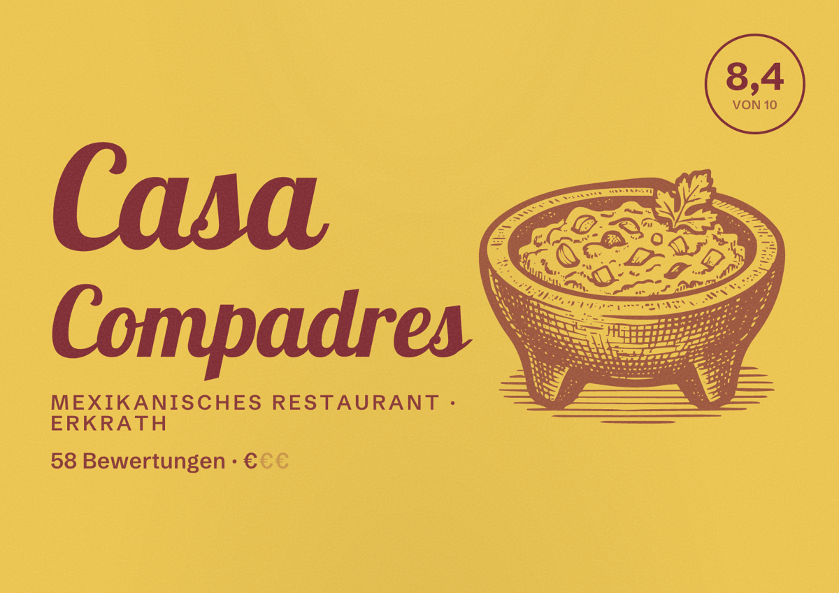 Illustriertes Poster von Casa Compadres, Mexikanisches Restaurant in Erkrath: Bewertung 8,4 von 10 aus 58 Bewertungen, Preisniveau €