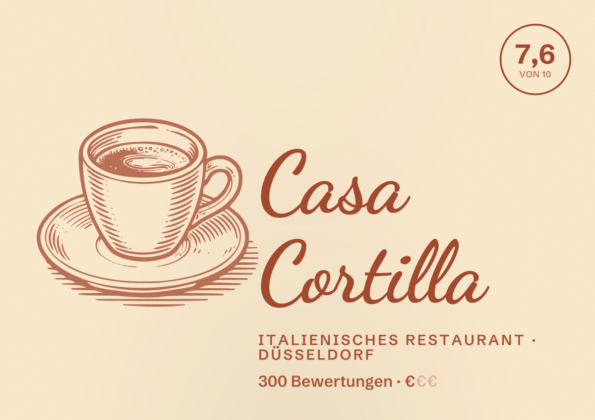 Illustriertes Poster von Casa Cortilla, Italienisches Restaurant in Düsseldorf: Bewertung 7,6 von 10 aus 300 Bewertungen, Preisniveau €