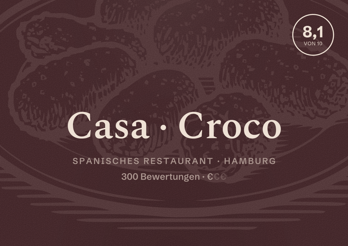 Illustriertes Poster von Casa Croco, Spanisches Restaurant in Hamburg: Bewertung 8,1 von 10 aus 300 Bewertungen, Preisniveau €
