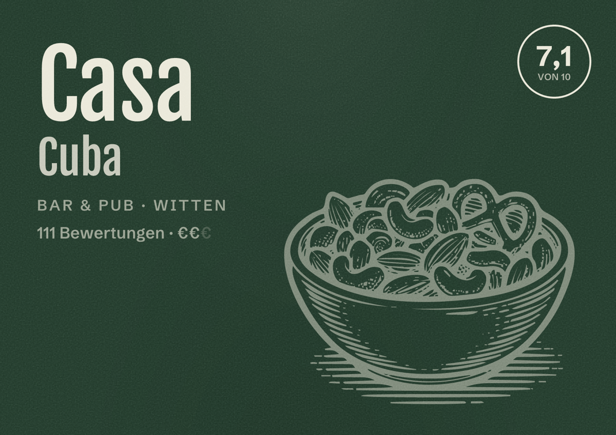 Illustriertes Poster von Casa Cuba, Bar & Pub in Witten: Bewertung 7,1 von 10 aus 111 Bewertungen, Preisniveau €€