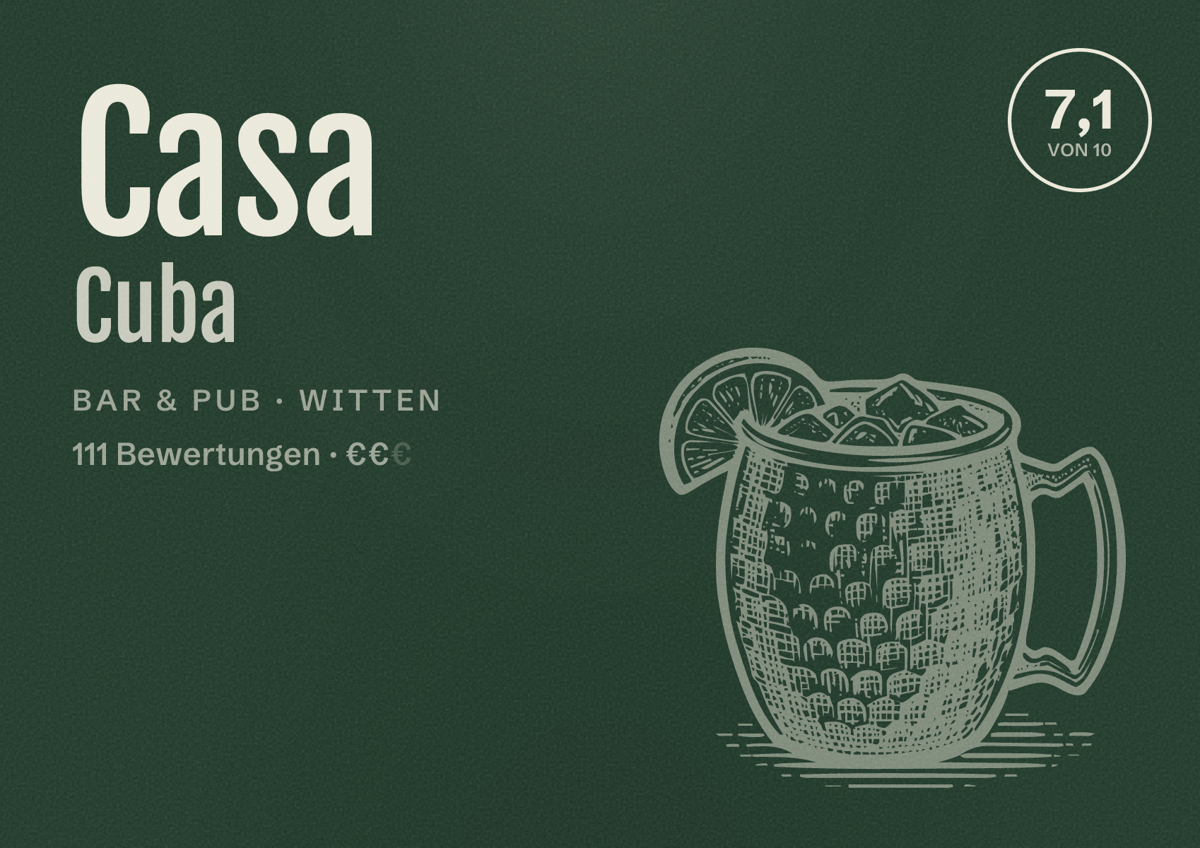 Illustriertes Poster von Casa Cuba, Bar & Pub in Witten: Gästebewertung 7,1 von 10 aus 111 Bewertungen