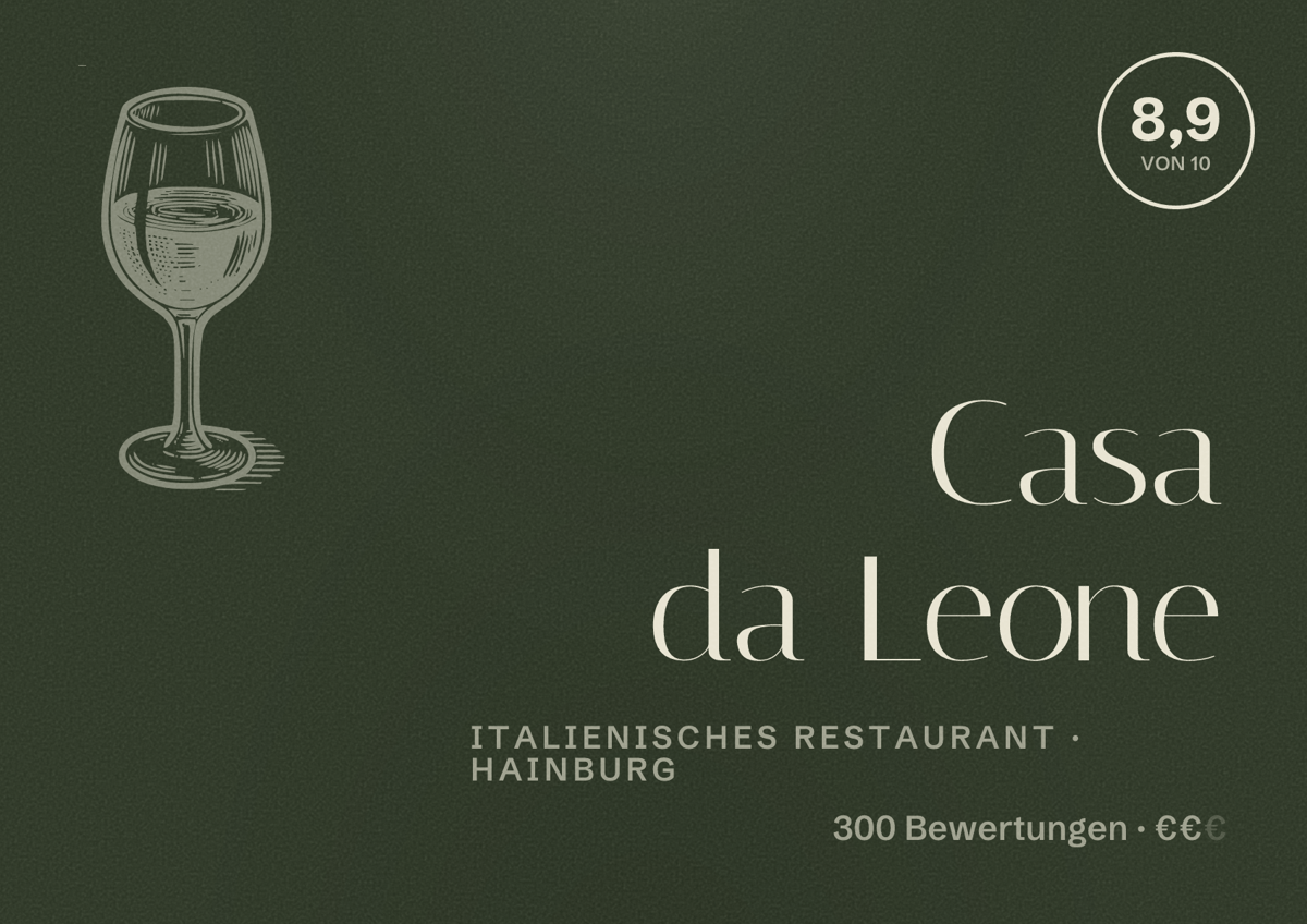 Illustriertes Poster von Casa da Leone, Italienisches Restaurant in Hainburg: Bewertung 8,9 von 10 aus 300 Bewertungen, Preisniveau €€