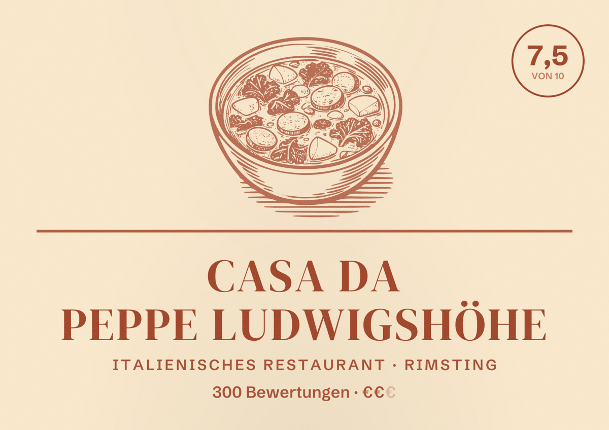 Illustriertes Poster von CASA DA PEPPE LUDWIGSHÖHE, Italienisches Restaurant in Rimsting: Bewertung 7,5 von 10 aus 300 Bewertungen, Preisniveau €€