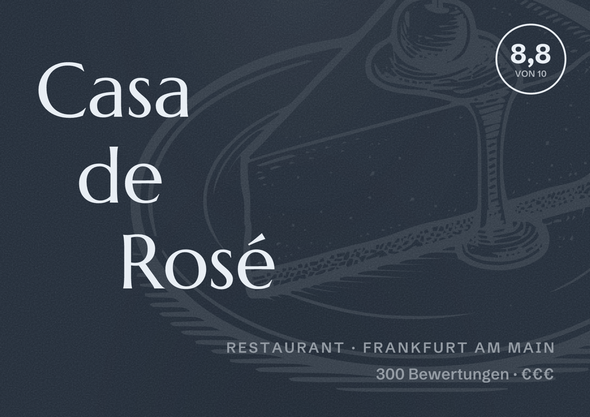 Illustriertes Poster von Casa de Rosé, Restaurant in Frankfurt am Main: Bewertung 8,8 von 10 aus 300 Bewertungen, Preisniveau €€€