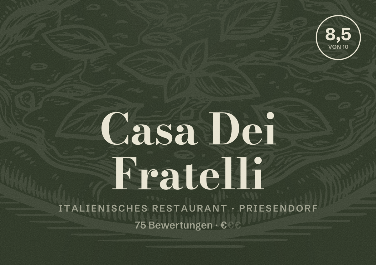 Illustriertes Poster von Casa Dei Fratelli, Italienisches Restaurant in Priesendorf: Bewertung 8,5 von 10 aus 75 Bewertungen, Preisniveau €