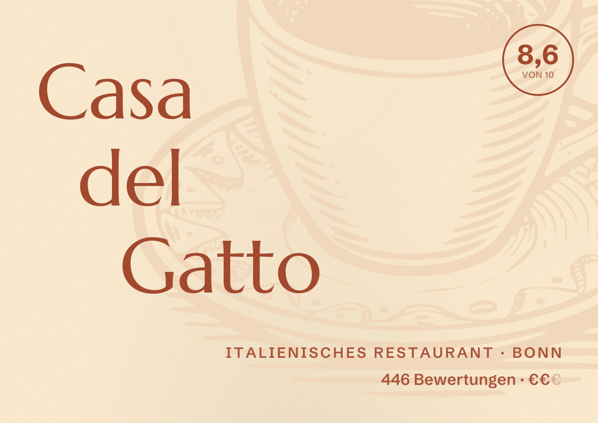 Illustriertes Poster von Casa del Gatto, Italienisches Restaurant in Bonn: Bewertung 8,6 von 10 aus 446 Bewertungen, Preisniveau €€