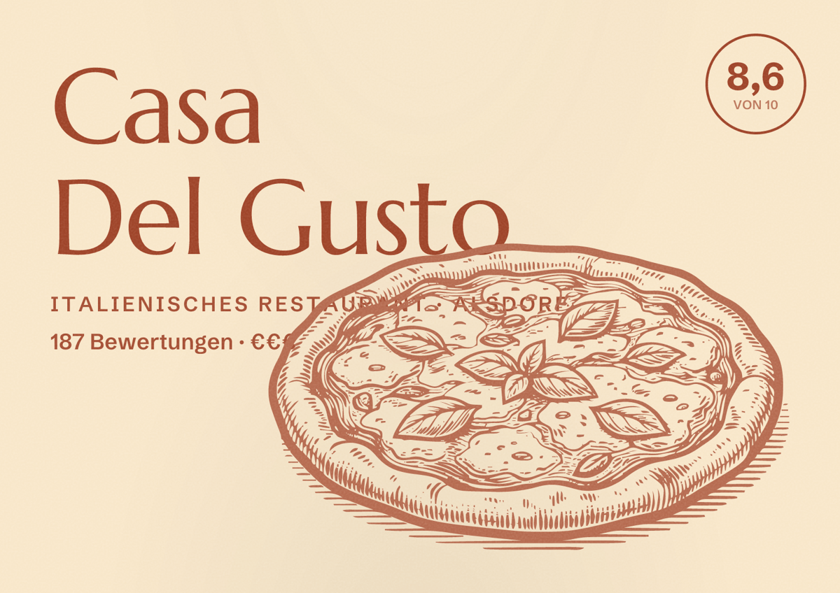 Illustriertes Poster von Casa Del Gusto, Italienisches Restaurant in Alsdorf: Bewertung 8,6 von 10 aus 187 Bewertungen, Preisniveau €€€