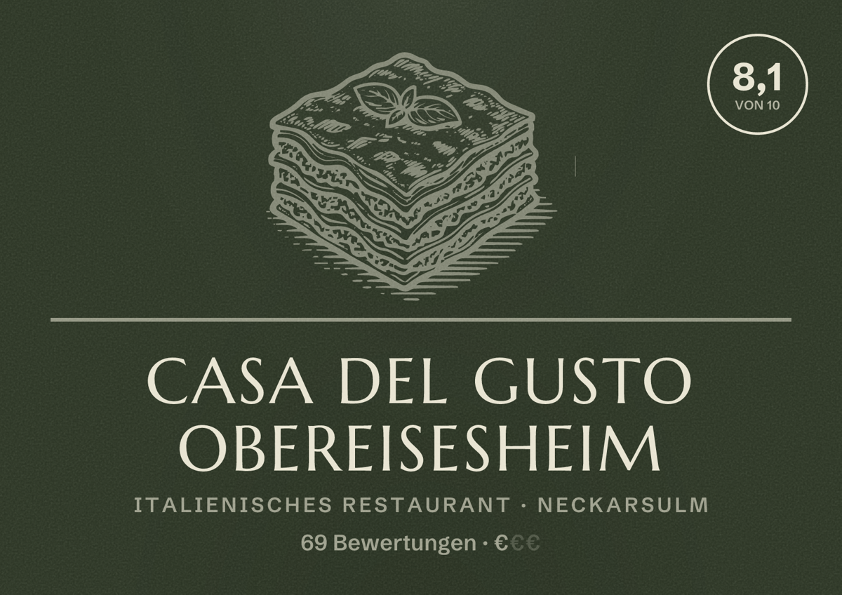 Illustriertes Poster von Casa Del Gusto Obereisesheim, Italienisches Restaurant in Neckarsulm: Bewertung 8,1 von 10 aus 69 Bewertungen, Preisniveau €