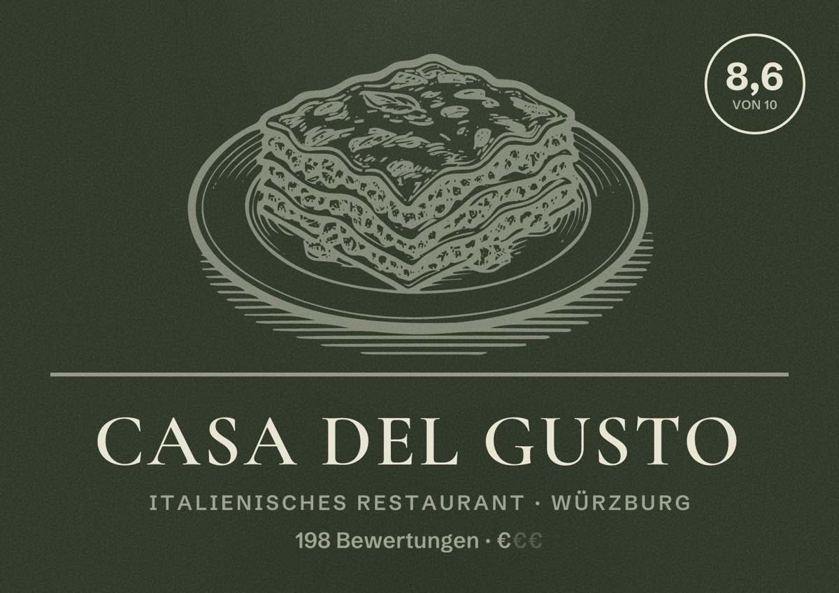 Illustriertes Poster von Casa del Gusto, Italienisches Restaurant in Würzburg: Bewertung 8,6 von 10 aus 198 Bewertungen, Preisniveau €