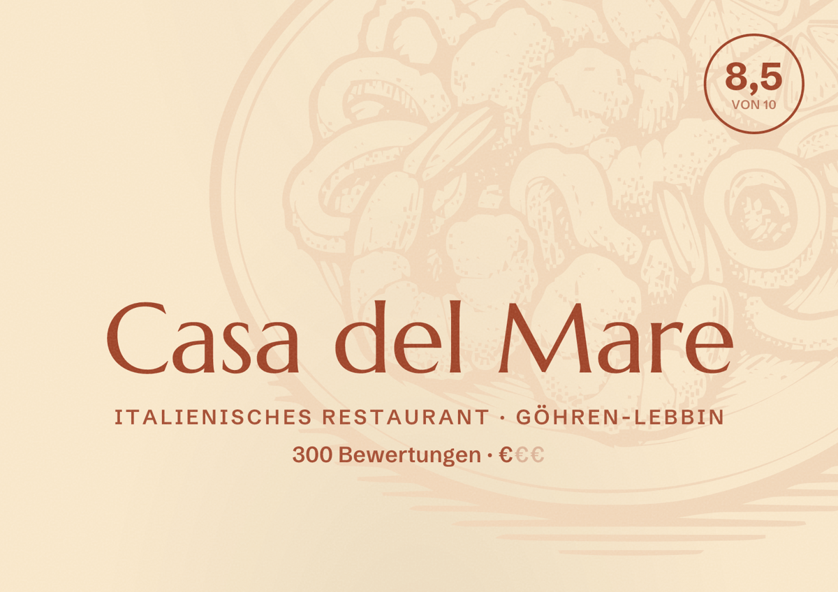 Illustriertes Poster von Casa del Mare, Italienisches Restaurant in Göhren-Lebbin: Bewertung 8,5 von 10 aus 300 Bewertungen, Preisniveau €
