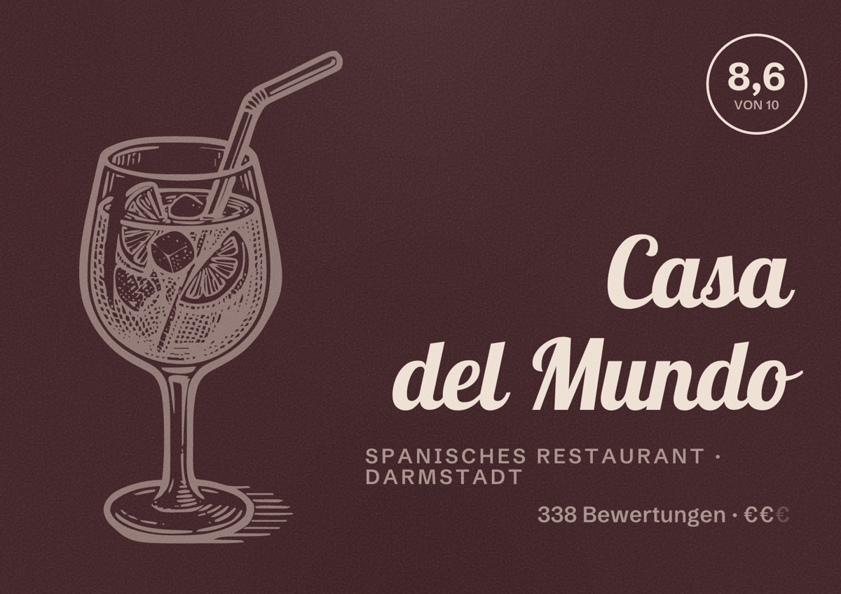 Illustriertes Poster von Casa del Mundo, Spanisches Restaurant in Darmstadt: Bewertung 8,6 von 10 aus 338 Bewertungen, Preisniveau €€