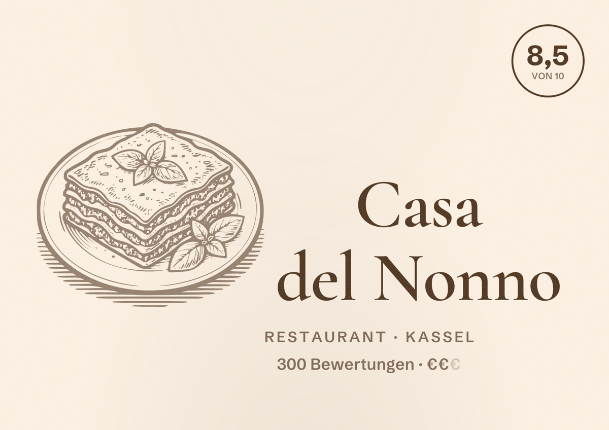 Illustriertes Poster von Casa del Nonno, Restaurant in Kassel: Bewertung 8,5 von 10 aus 300 Bewertungen, Preisniveau €€