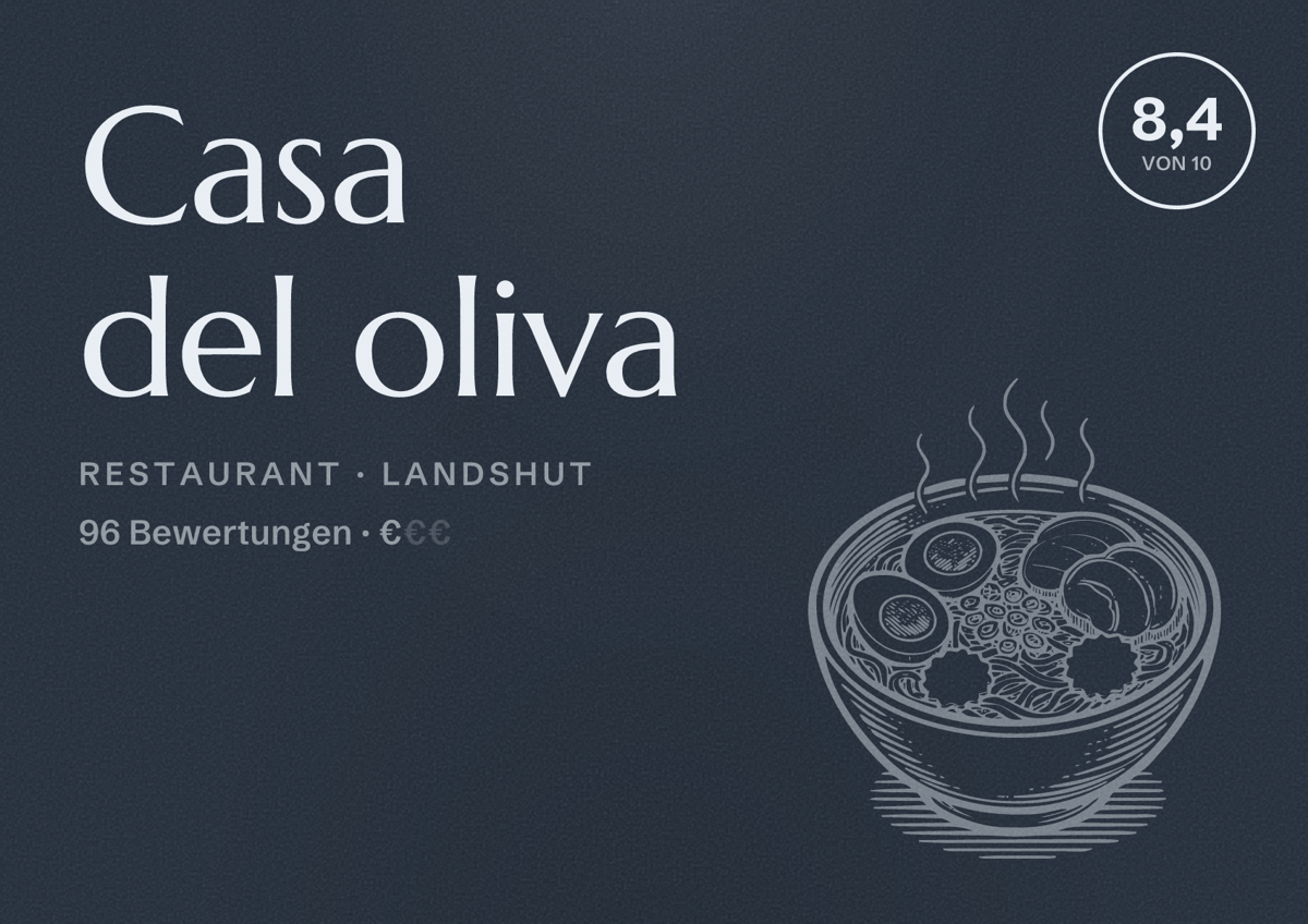 Illustriertes Poster von Casa del oliva, Restaurant in Landshut: Bewertung 8,4 von 10 aus 96 Bewertungen, Preisniveau €