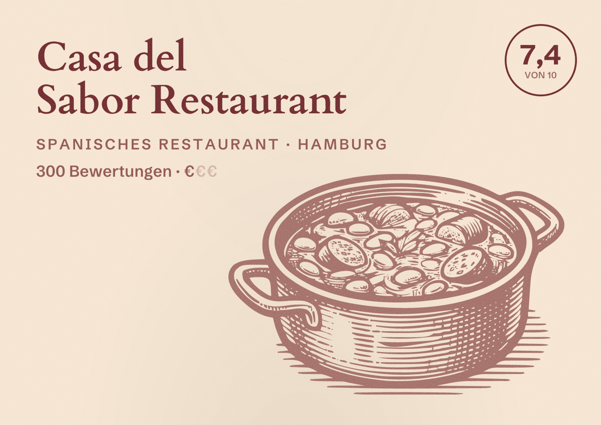 Illustriertes Poster von Casa del Sabor Restaurant, Spanisches Restaurant in Hamburg: Bewertung 7,4 von 10 aus 300 Bewertungen, Preisniveau €