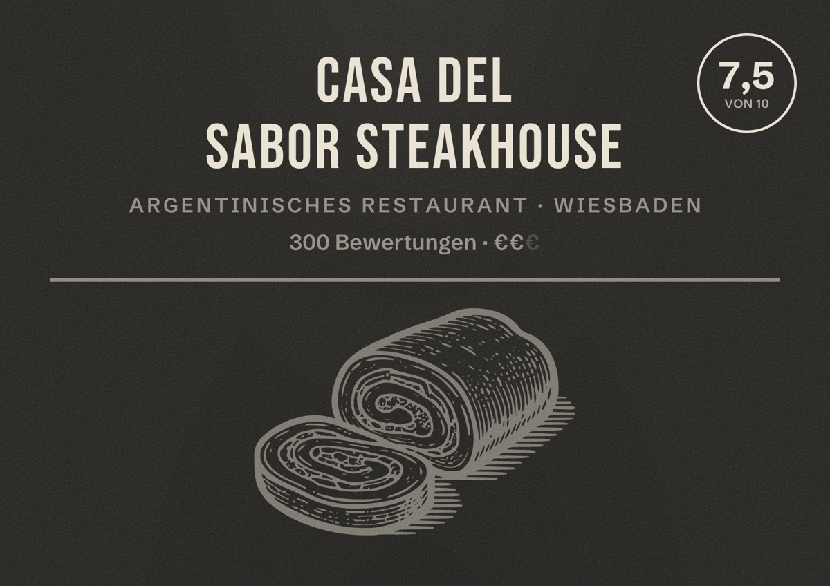 Illustriertes Poster von Casa del Sabor Steakhouse, Argentinisches Restaurant in Wiesbaden: Bewertung 7,5 von 10 aus 300 Bewertungen, Preisniveau €€