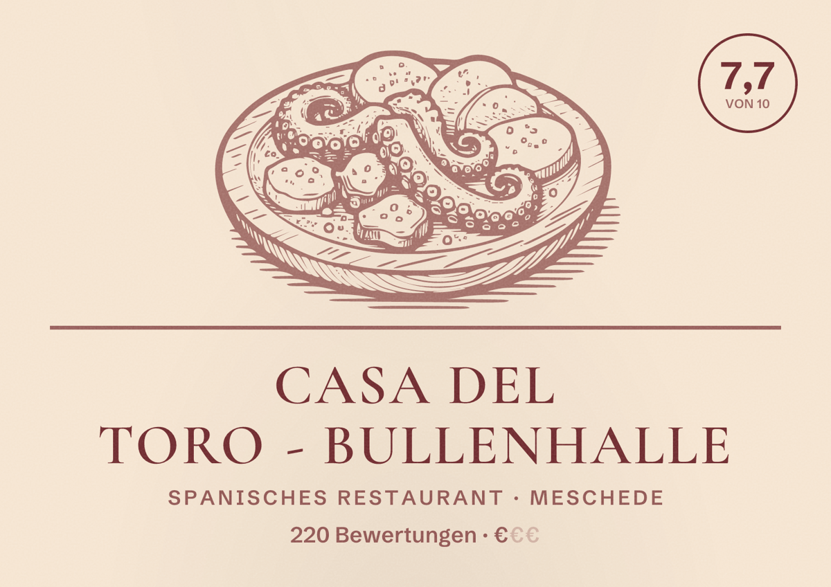 Illustriertes Poster von Casa del Toro - Bullenhalle, Spanisches Restaurant in Meschede: Bewertung 7,7 von 10 aus 220 Bewertungen, Preisniveau €