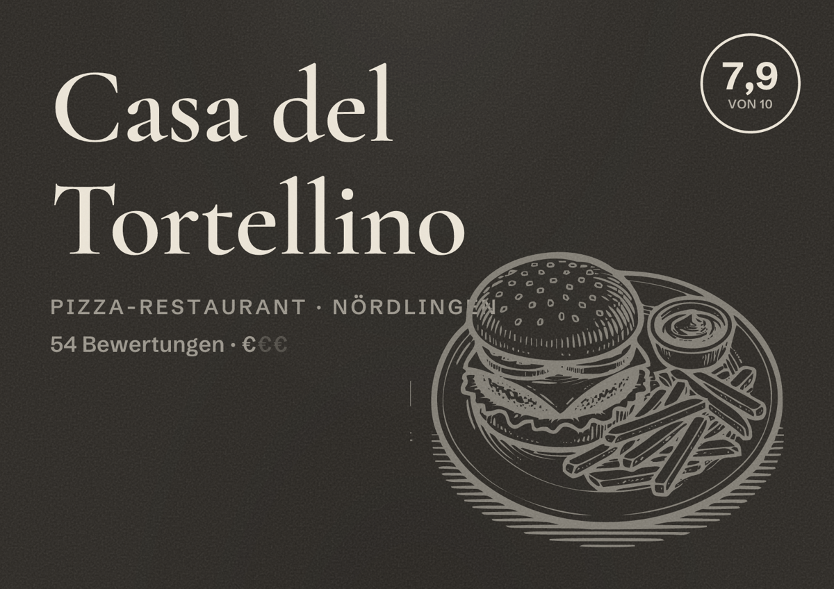 Illustriertes Poster von Casa del Tortellino, Pizza-Restaurant in Nördlingen: Bewertung 7,9 von 10 aus 54 Bewertungen, Preisniveau €