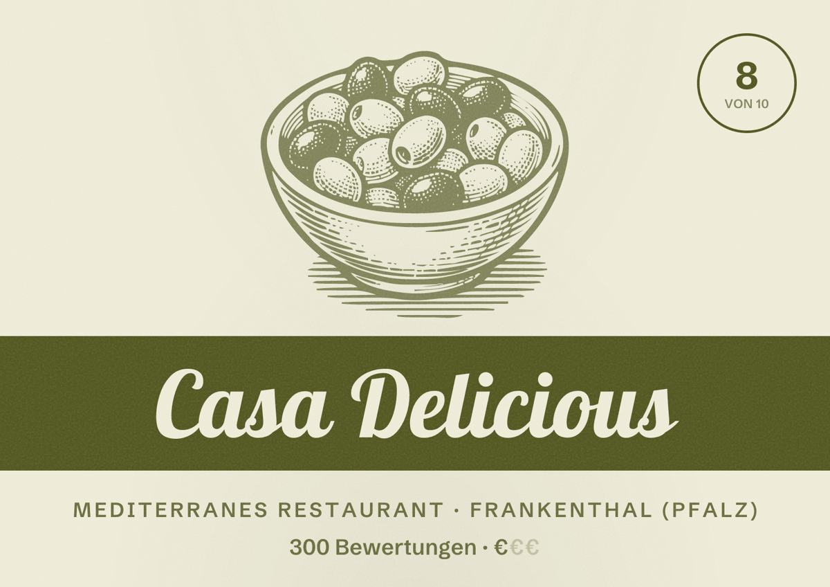 Illustriertes Poster von Casa Delicious, Mediterranes Restaurant in Frankenthal (Pfalz): Bewertung 8 von 10 aus 300 Bewertungen, Preisniveau €