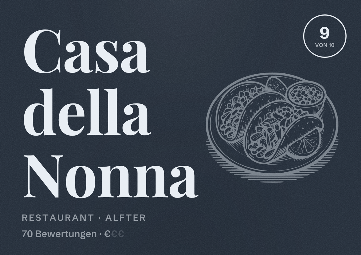 Illustriertes Poster von Casa della Nonna, Restaurant in Alfter: Bewertung 9 von 10 aus 70 Bewertungen, Preisniveau €
