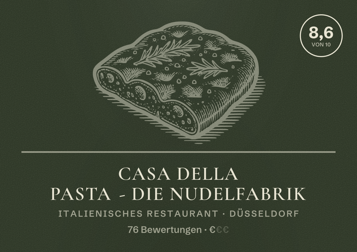 Illustriertes Poster von Casa della Pasta - Die Nudelfabrik, Italienisches Restaurant in Düsseldorf: Bewertung 8,6 von 10 aus 76 Bewertungen, Preisniveau €