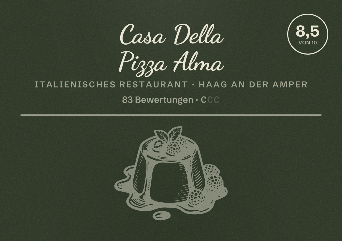Illustriertes Poster von Casa Della Pizza Alma, Italienisches Restaurant in Haag an der Amper: Bewertung 8,5 von 10 aus 83 Bewertungen, Preisniveau €