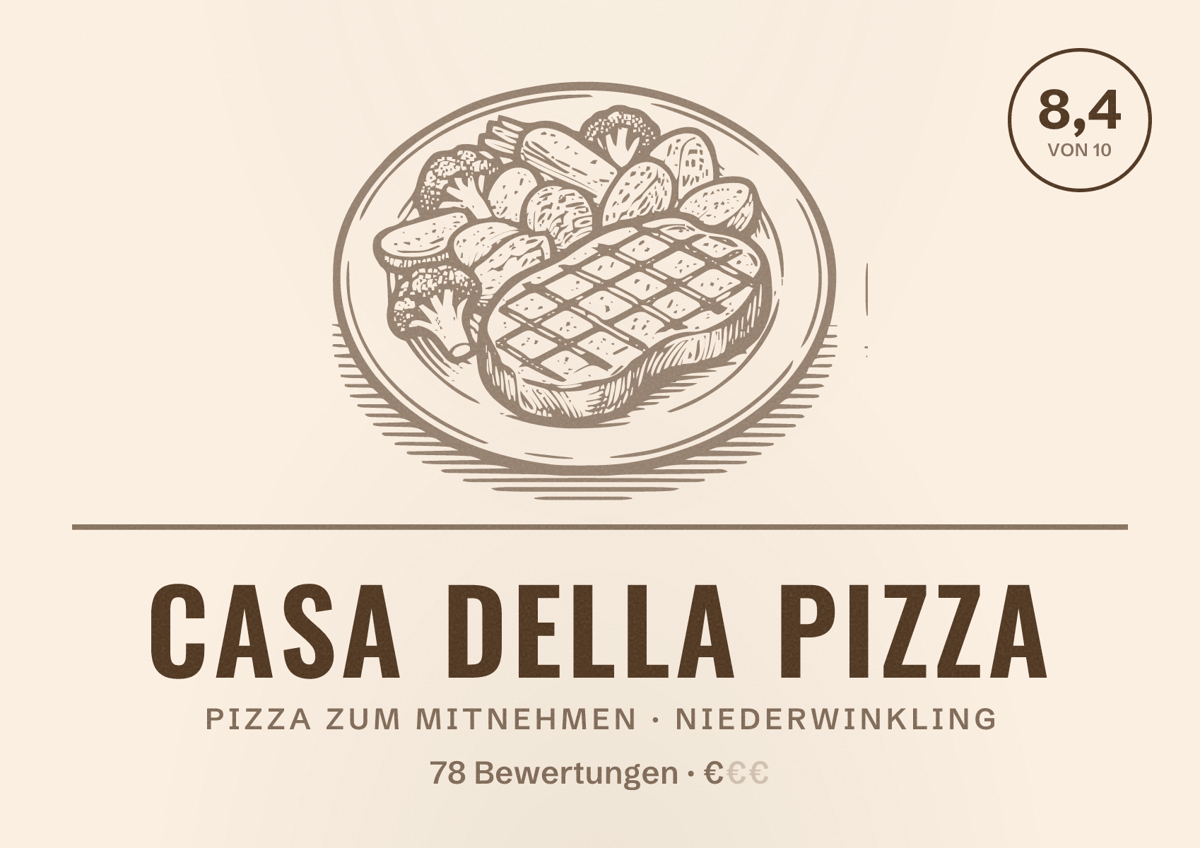 Illustriertes Poster von Casa della Pizza, Pizza zum Mitnehmen in Niederwinkling: Bewertung 8,4 von 10 aus 78 Bewertungen, Preisniveau €