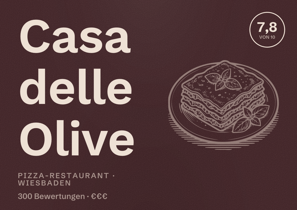 Illustriertes Poster von Casa delle Olive, Pizza-Restaurant in Wiesbaden: Bewertung 7,8 von 10 aus 300 Bewertungen, Preisniveau €€€
