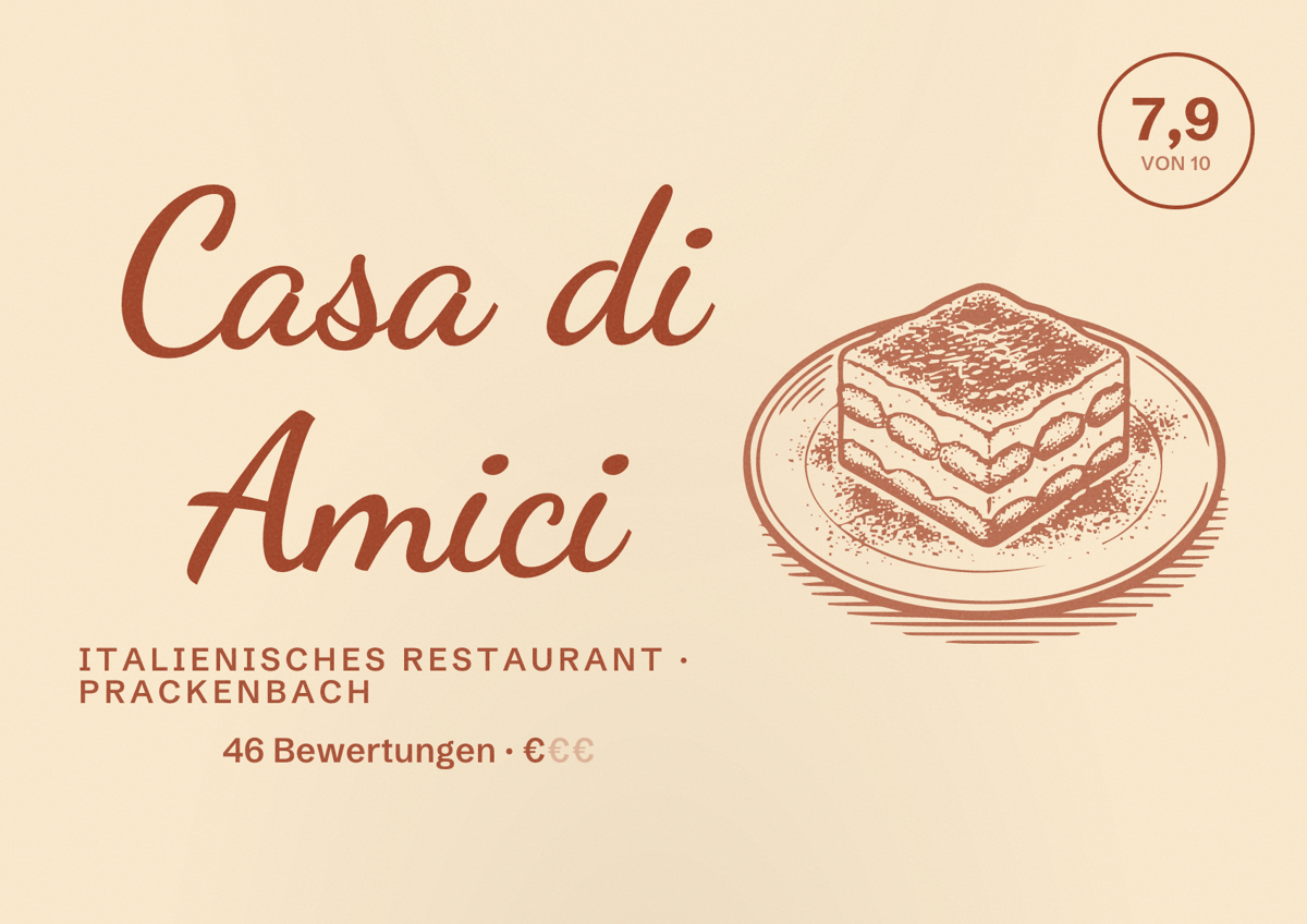 Illustriertes Poster von Casa di Amici, Italienisches Restaurant in Prackenbach: Bewertung 7,9 von 10 aus 46 Bewertungen, Preisniveau €