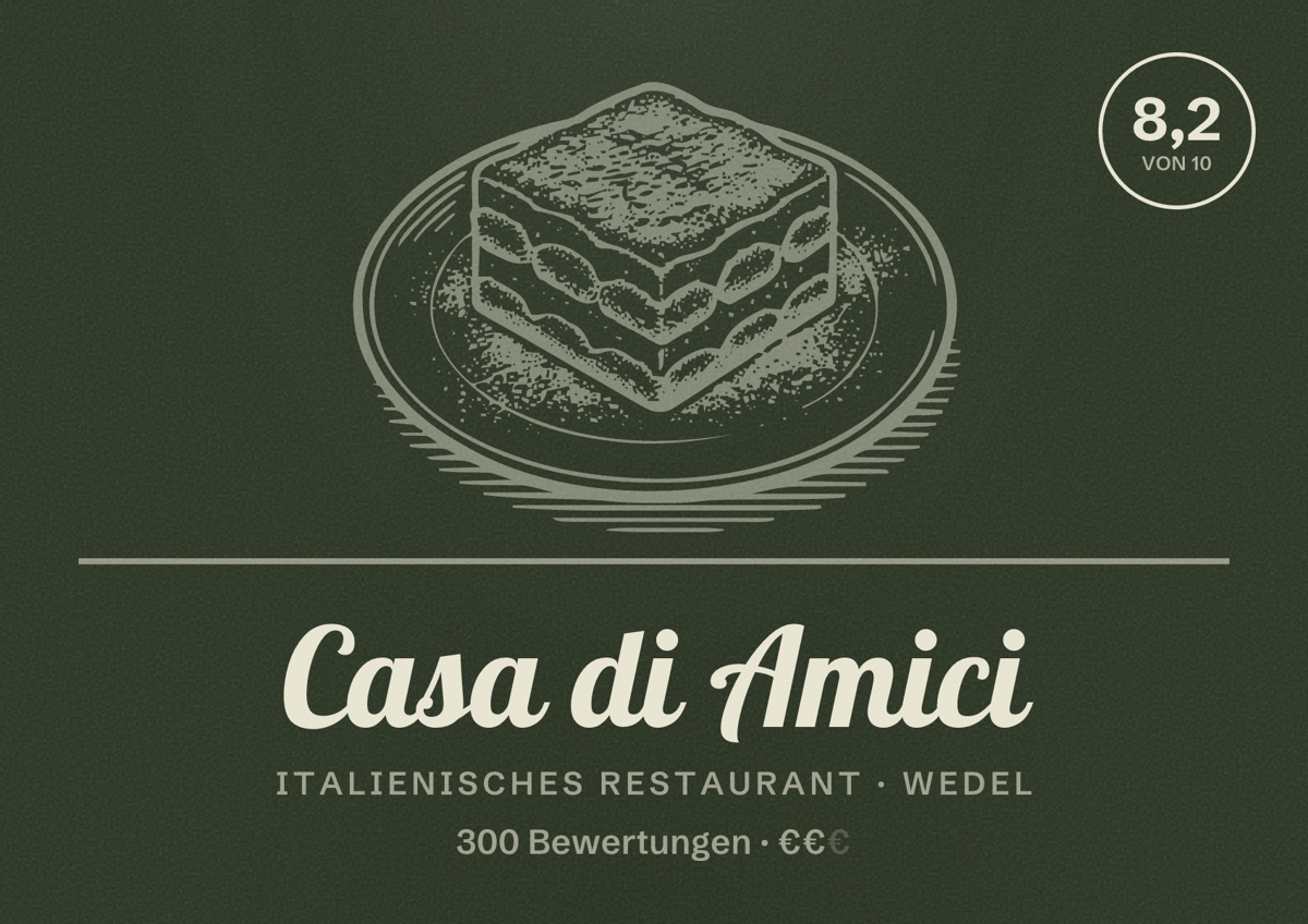Illustriertes Poster von Casa di Amici, Italienisches Restaurant in Wedel: Bewertung 8,2 von 10 aus 300 Bewertungen, Preisniveau €€