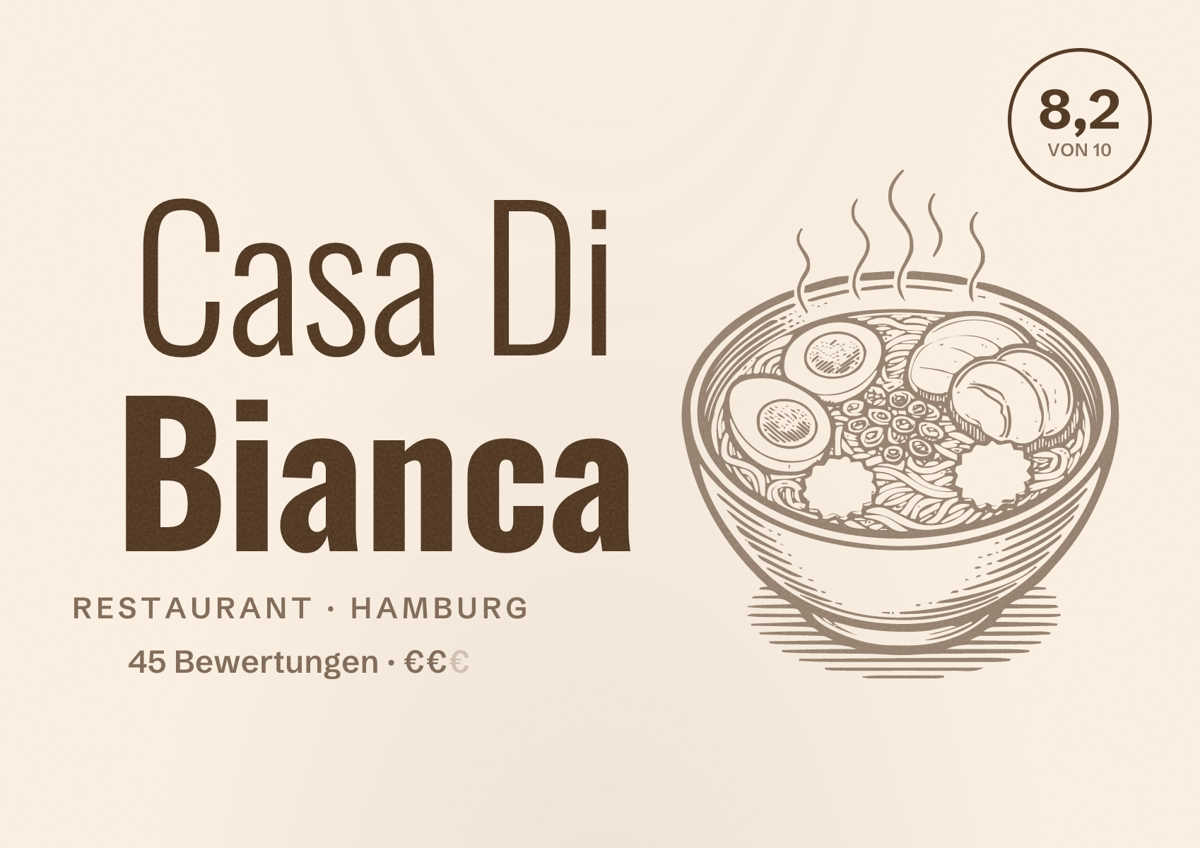 Illustriertes Poster von Casa Di Bianca, Restaurant in Hamburg: Bewertung 8,2 von 10 aus 45 Bewertungen, Preisniveau €€