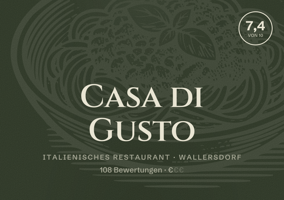 Illustriertes Poster von Casa di Gusto, Italienisches Restaurant in Wallersdorf: Bewertung 7,4 von 10 aus 108 Bewertungen, Preisniveau €