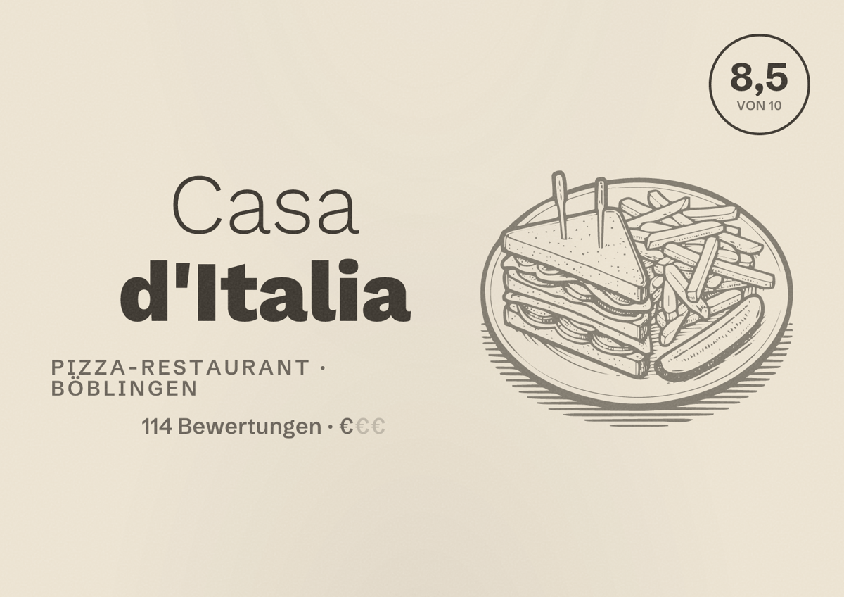 Illustriertes Poster von Casa d'Italia, Pizza-Restaurant in Böblingen: Bewertung 8,5 von 10 aus 114 Bewertungen, Preisniveau €