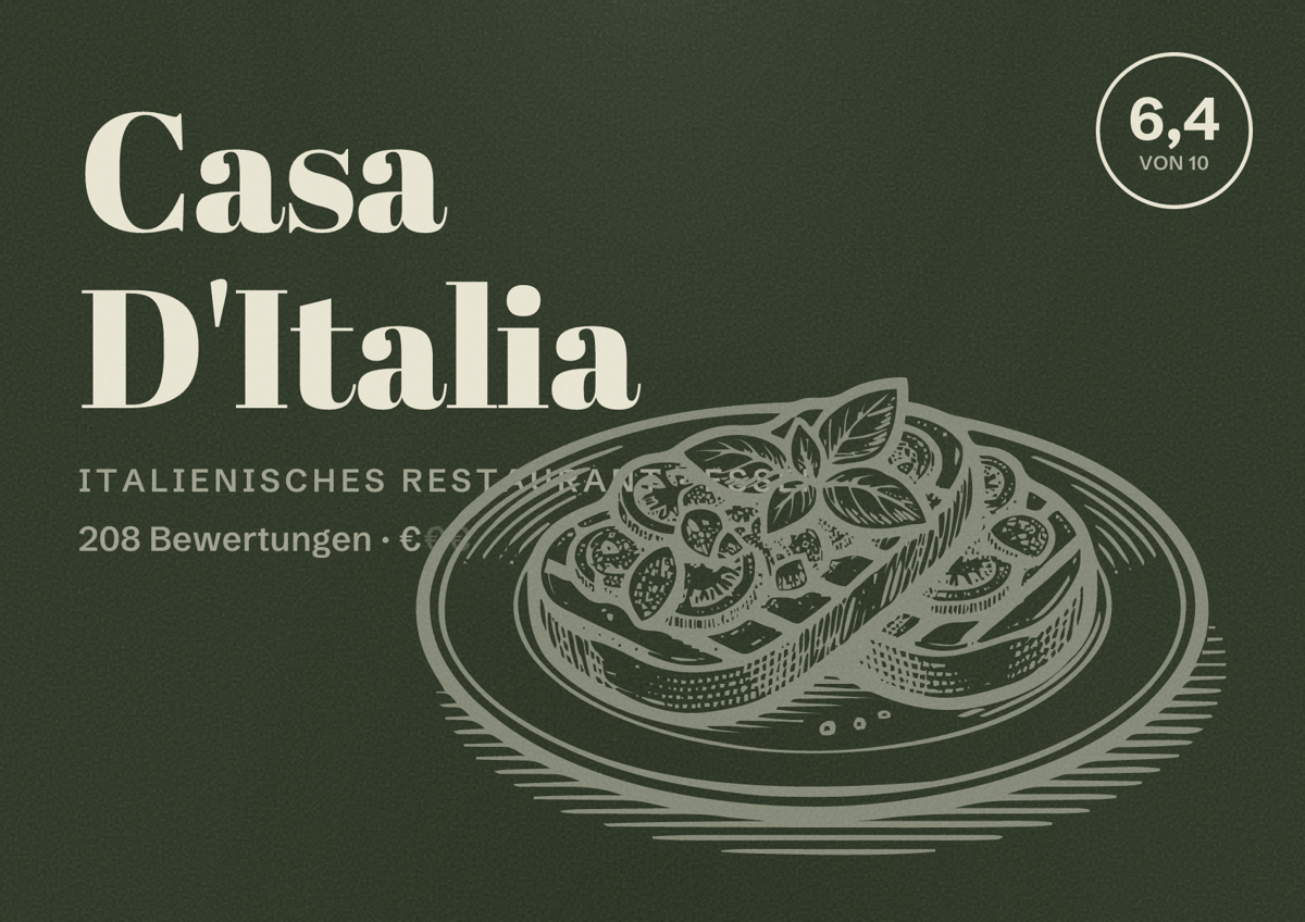 Illustriertes Poster von Casa D'Italia, Italienisches Restaurant in Essen: Bewertung 6,4 von 10 aus 208 Bewertungen, Preisniveau €