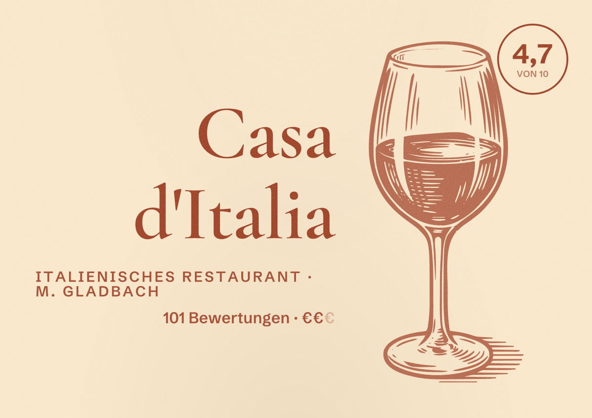 Illustriertes Poster von Casa d'Italia, Italienisches Restaurant in M. Gladbach: Bewertung 4,7 von 10 aus 101 Bewertungen, Preisniveau €€