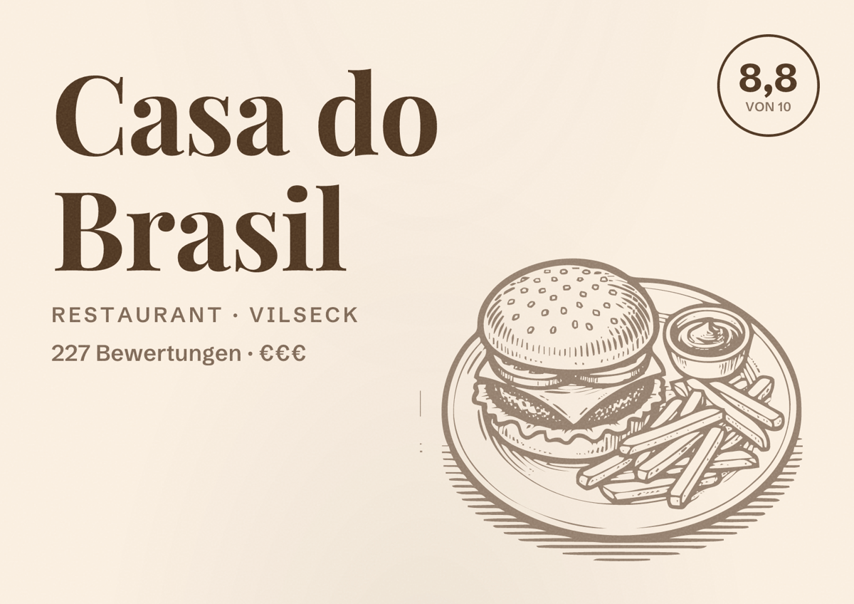 Illustriertes Poster von Casa do Brasil, Restaurant in Vilseck: Bewertung 8,8 von 10 aus 227 Bewertungen, Preisniveau €€€
