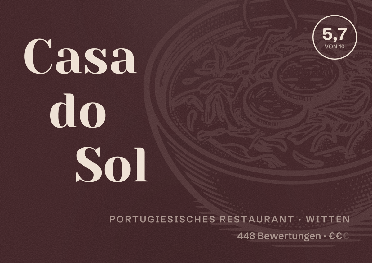 Illustriertes Poster von Casa do Sol, Portugiesisches Restaurant in Witten: Bewertung 5,7 von 10 aus 448 Bewertungen, Preisniveau €€