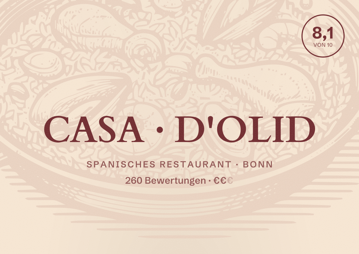 Illustriertes Poster von CASA D'OLID, Spanisches Restaurant in Bonn: Bewertung 8,1 von 10 aus 260 Bewertungen, Preisniveau €€