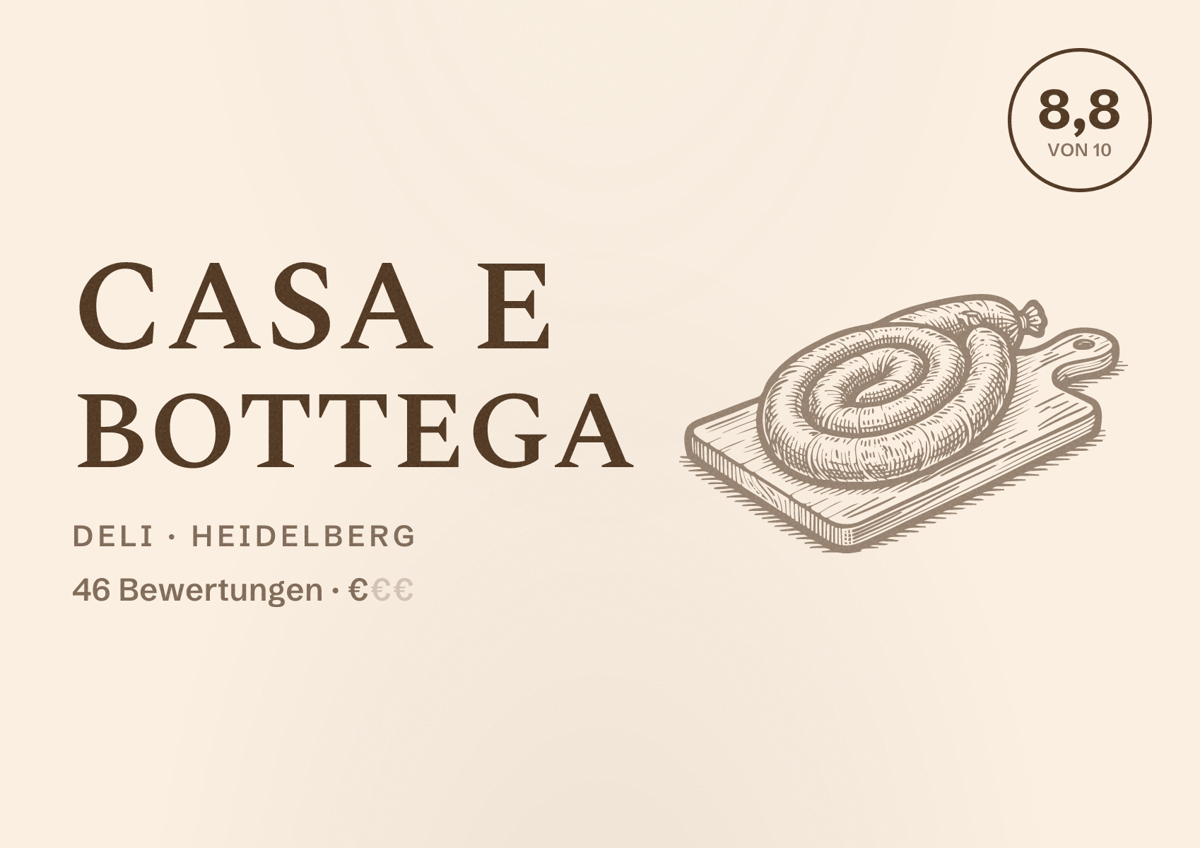 Illustriertes Poster von Casa e Bottega, Deli in Heidelberg: Bewertung 8,8 von 10 aus 46 Bewertungen, Preisniveau €