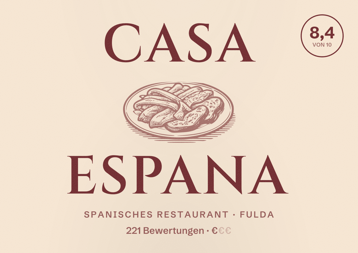 Illustriertes Poster von Casa Espana, Spanisches Restaurant in Fulda: Bewertung 8,4 von 10 aus 221 Bewertungen, Preisniveau €