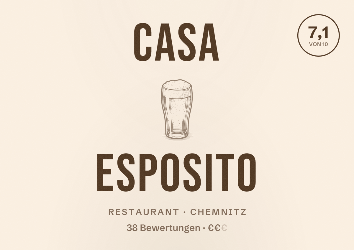 Illustriertes Poster von Casa Esposito, Restaurant in Chemnitz: Bewertung 7,1 von 10 aus 38 Bewertungen, Preisniveau €€