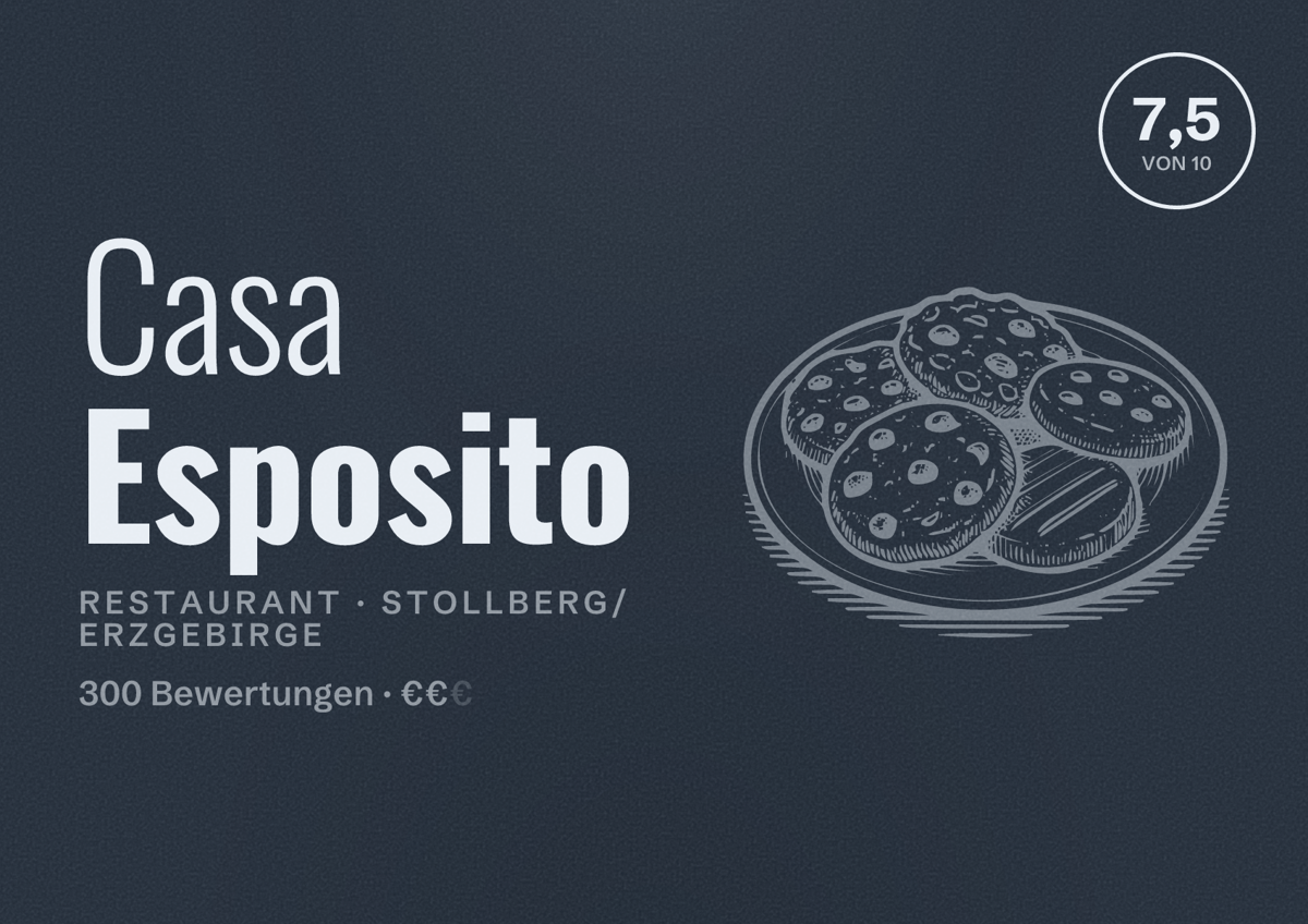 Illustriertes Poster von Casa Esposito, Restaurant in Stollberg/Erzgebirge: Bewertung 7,5 von 10 aus 300 Bewertungen, Preisniveau €€