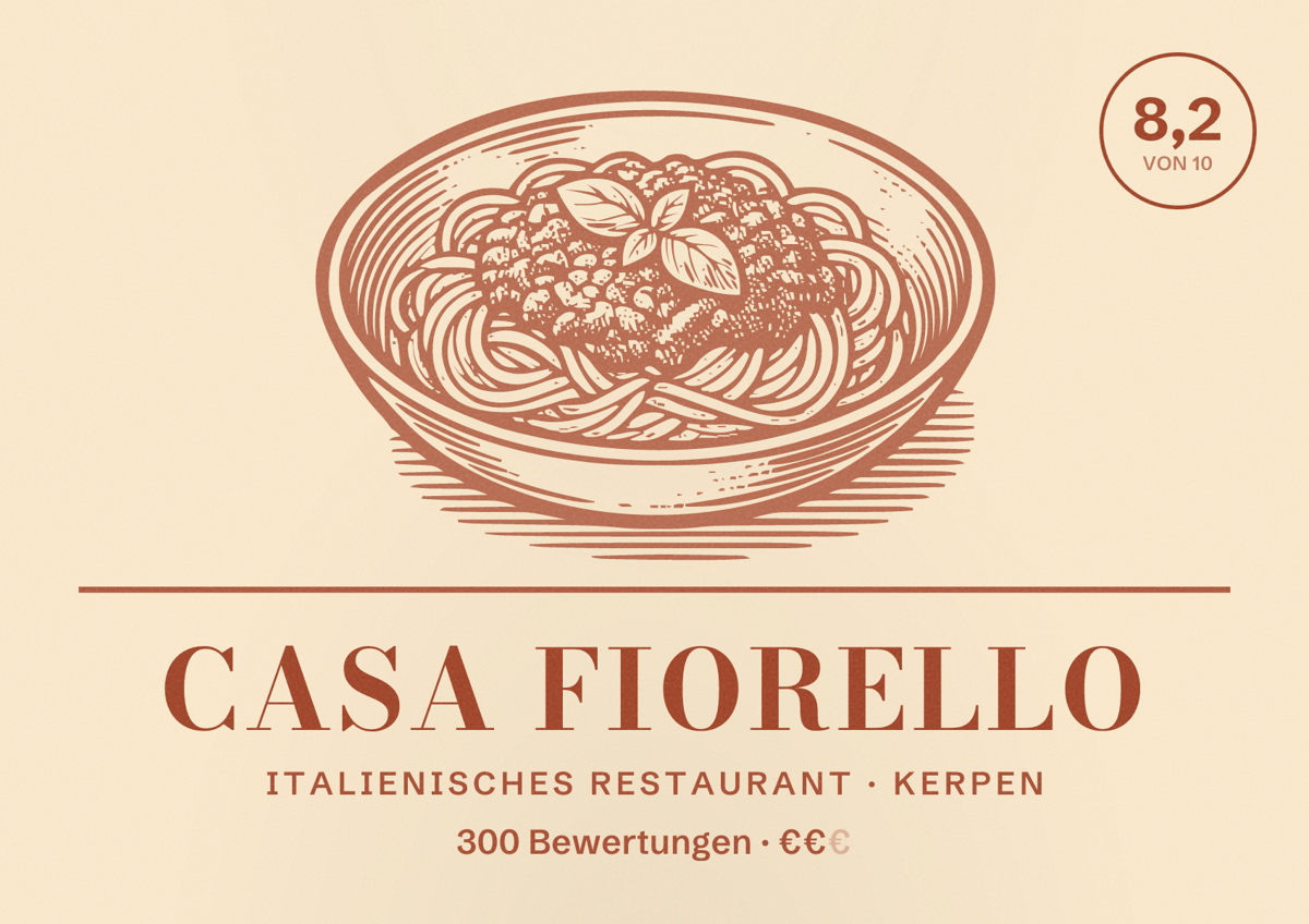 Illustriertes Poster von Casa Fiorello, Italienisches Restaurant in Kerpen: Bewertung 8,2 von 10 aus 300 Bewertungen, Preisniveau €€