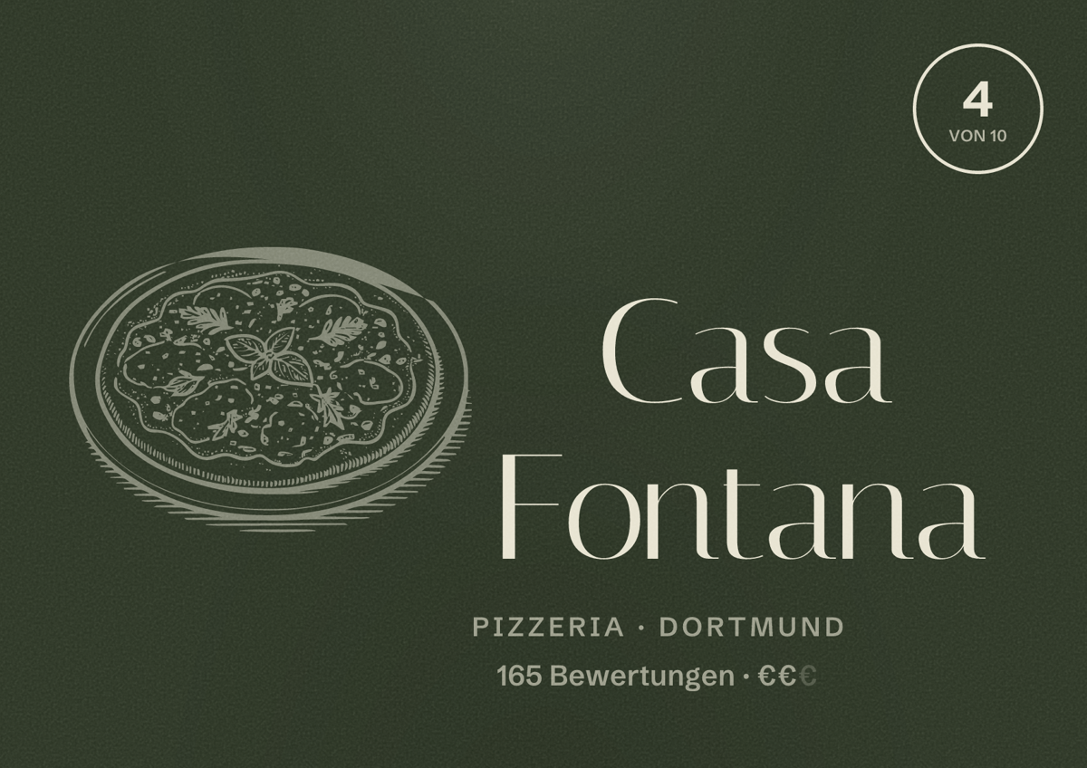 Illustriertes Poster von Casa Fontana, Pizzeria in Dortmund: Bewertung 4,0 von 10 aus 165 Bewertungen, Preisniveau €€