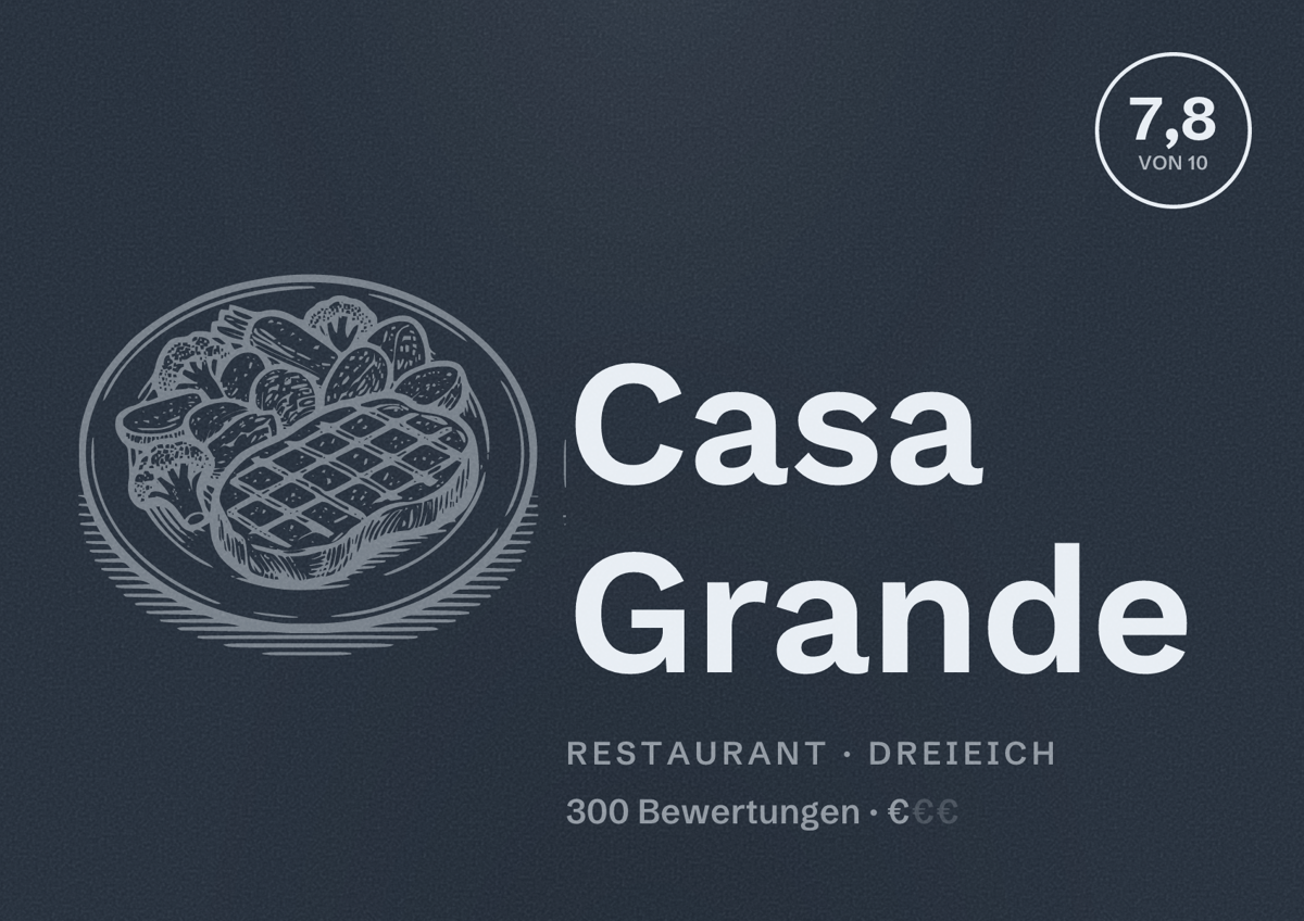 Illustriertes Poster von Casa Grande, Restaurant in Dreieich: Bewertung 7,8 von 10 aus 300 Bewertungen, Preisniveau €
