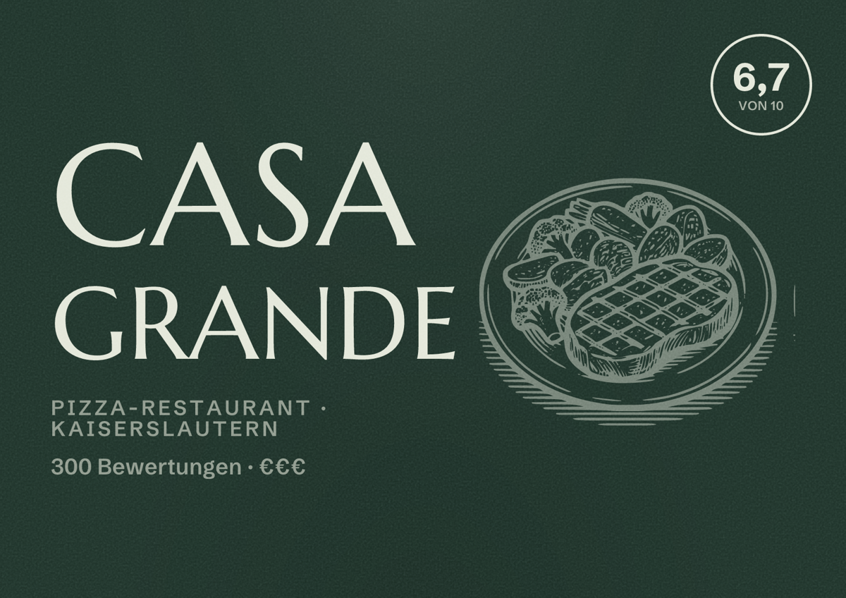 Illustriertes Poster von Casa Grande, Pizza-Restaurant in Kaiserslautern: Bewertung 6,7 von 10 aus 300 Bewertungen, Preisniveau €€€