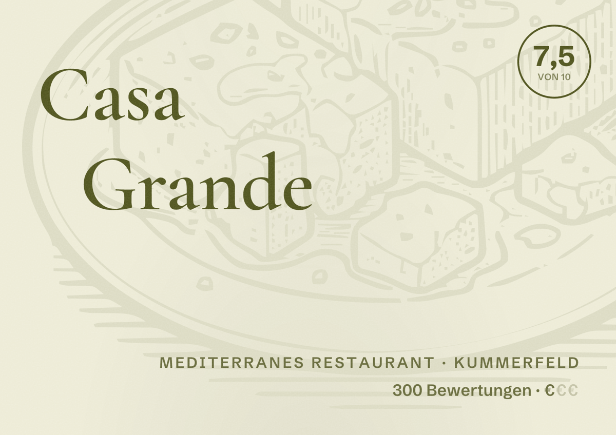 Illustriertes Poster von Casa Grande, Mediterranes Restaurant in Kummerfeld: Bewertung 7,5 von 10 aus 300 Bewertungen, Preisniveau €